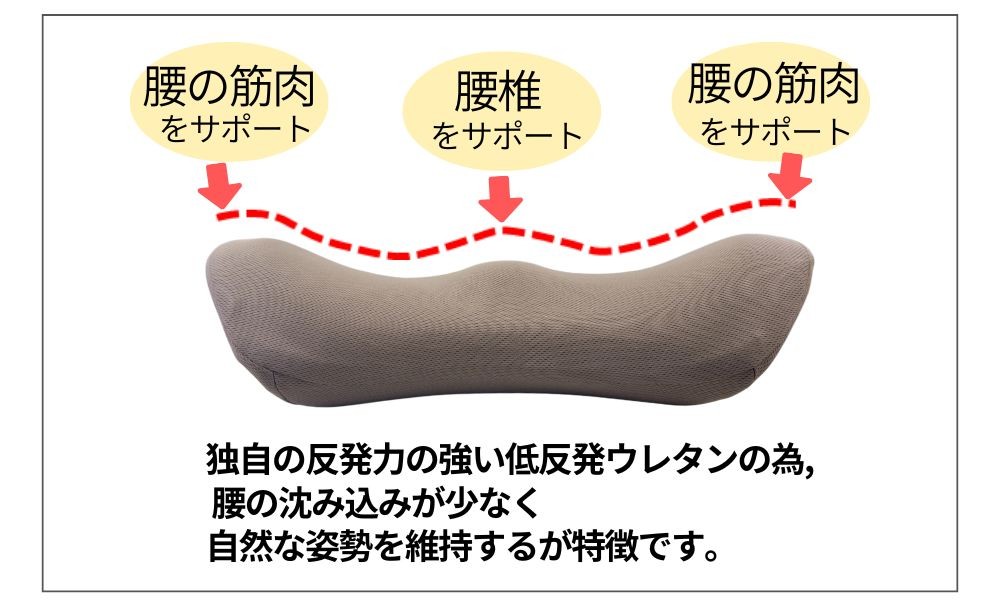 独自の反発力の強い低反発ウレタンの為、腰の沈み込みが少なく自然な姿勢を維持するのが特徴です。 | モールド低反発 腰当クッション | マインドフルネスdays 有限会社エール